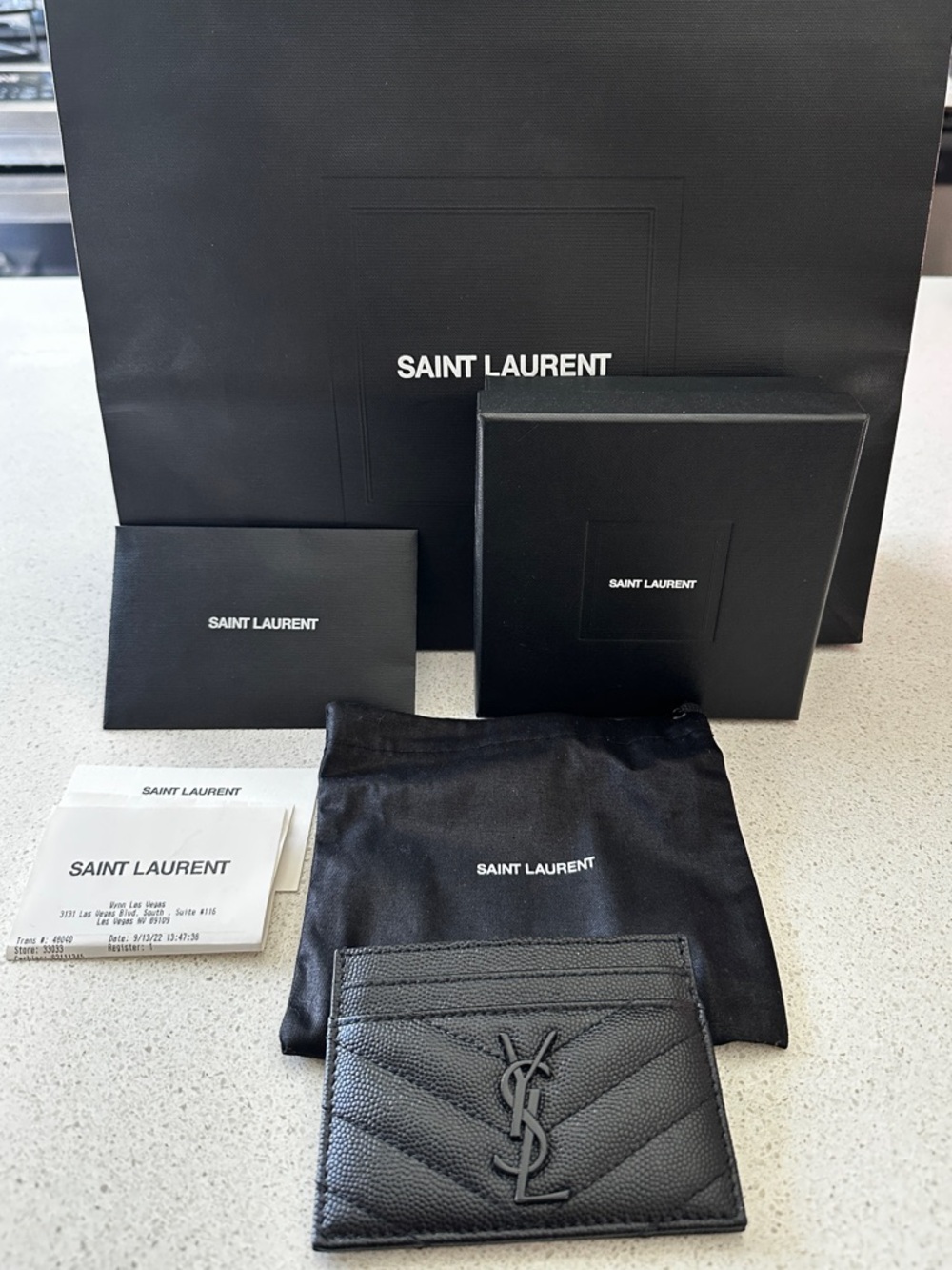 YSL Saint Laurent Black Quilted Leather Card Holder with logo
